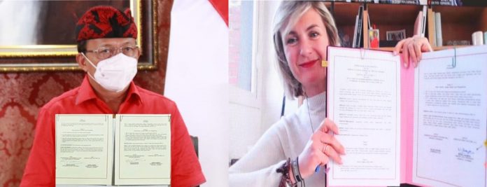 Gubernur Bali Wayan Koster dan Christian Dior Couture, S.A secara resmi menandatangani kerjasama dalam mempromosikan Ekspresi Budaya Tradisional Indonesia untuk Tenun Endek Bali secara virtual, Kamis (11/2/2021)