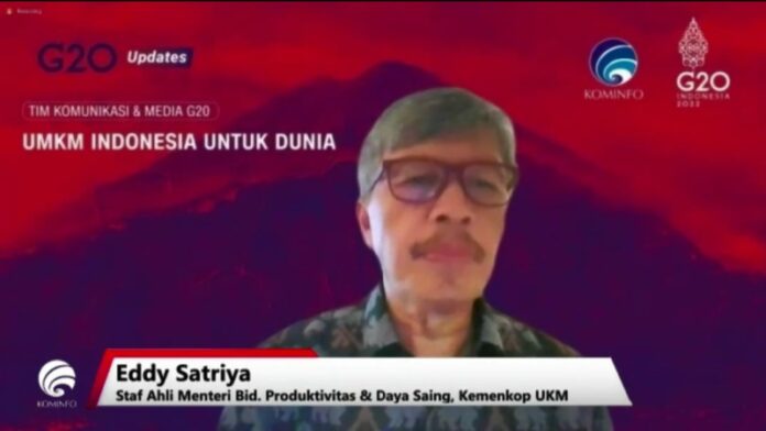 Staf Ahli Menteri Bidang Produktivitas dan Daya Saing Kementerian Koperasi dan UKM, Eddy Satriya, dalam jumpa pers #G20Update bertema “Kesiapan Infrastruktur Jaringan Telekomunikasi KTT G20” yang digelar Tim Komunikasi dan Media G20 secara virtual di Jakarta, Kamis (6/10/2022). (Foto: FMB9)