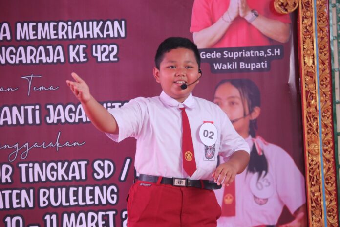 Salah satu peserta saat mengikuti lomba bertutur yang diselenggarakan Dinas Arsip dan Perpustakaan Daerah (DAPD) Buleleng dalam rangkaian HUT Kota Singaraja ke-422 tahun 2026