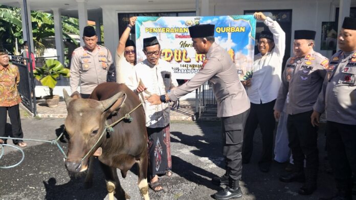 Polres Karangasem saat menyerahkan sapi kurban di Masjid Marhaban Karangasem