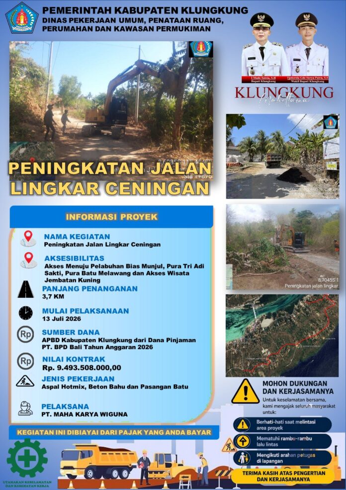 Kepala Dinas Pekerjaan Umum, Penataan Ruang, Perumahan dan Kawasan Permukiman (PUPRPKP) Kabupaten Klungkung, I Made Jati Laksana, menyampaikan penanganan Jalan Lingkar Ceningan memiliki panjang 3,7 kilometer